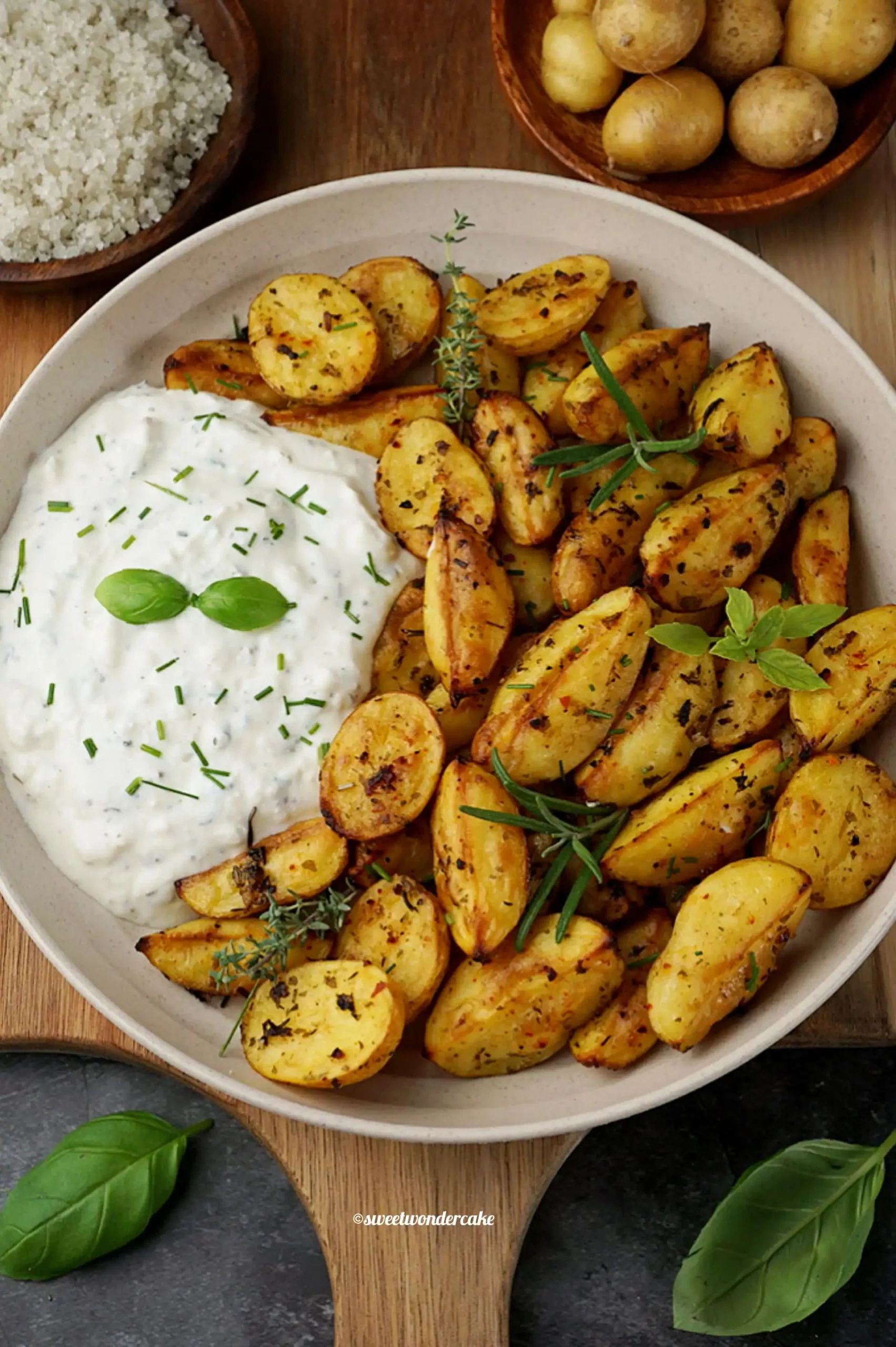 Würzige mediterrane Kartoffelecken/Wedges mit Kräuter-Feta-Dip ...